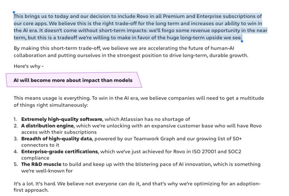 Atlassian: “We’re Not Going to Charge More Customers Extra for AI Anymore”.  The Beginning of the End of the AI Upsell? - SaaStr